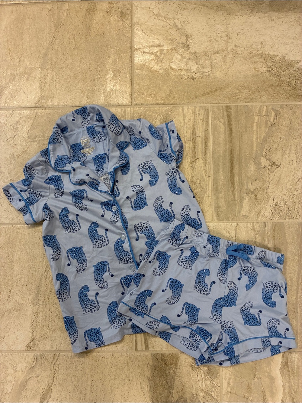Kids Blue Leopard Print Pajama Set - Short Sleeve & Shorts L (10-12)